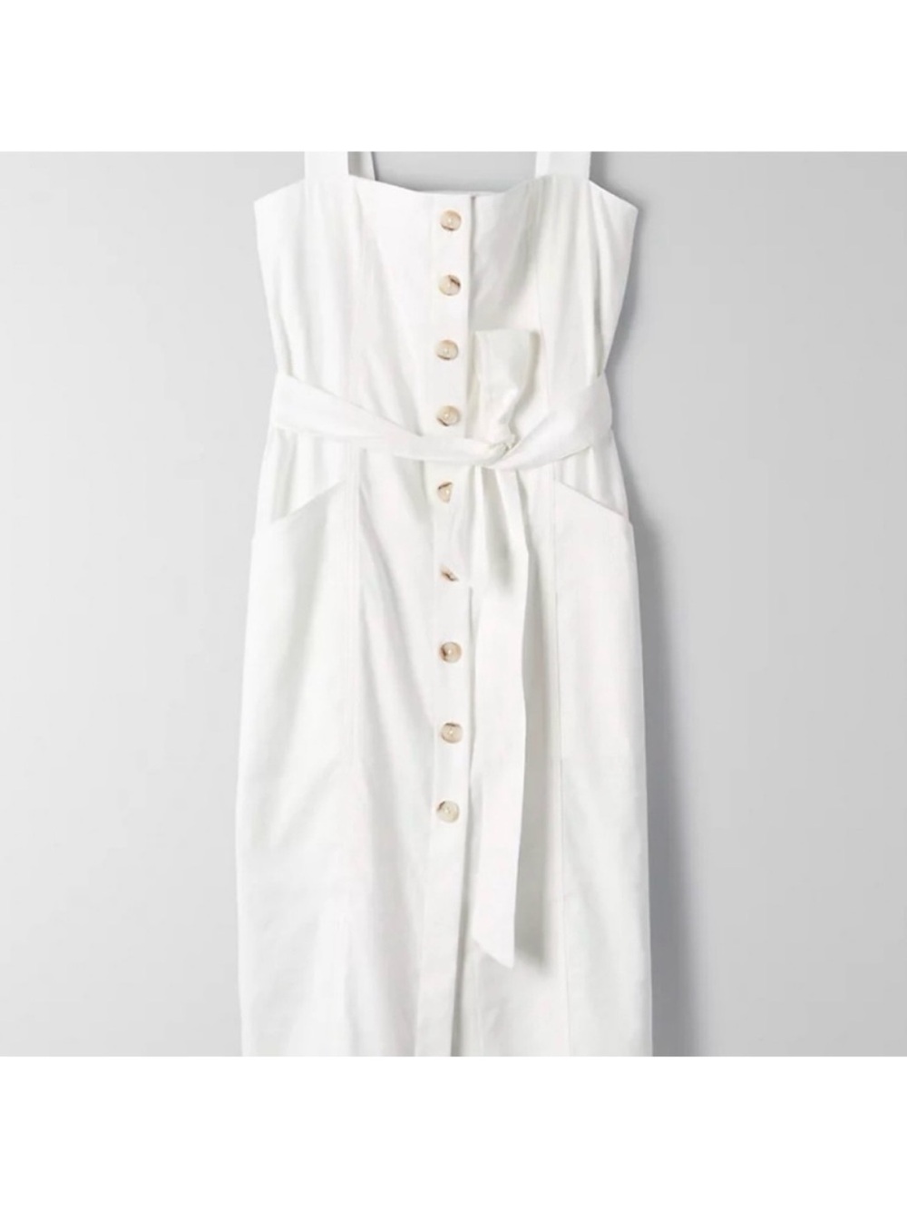 Babaton White Button-Front Sleeveless Midi Dress with pockets—No tie!!